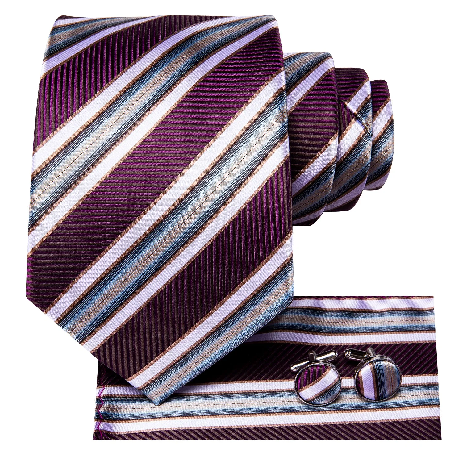 Hi-Tie Burgundy Red Necktie Striped Tie Pocket Square Cufflinks Set