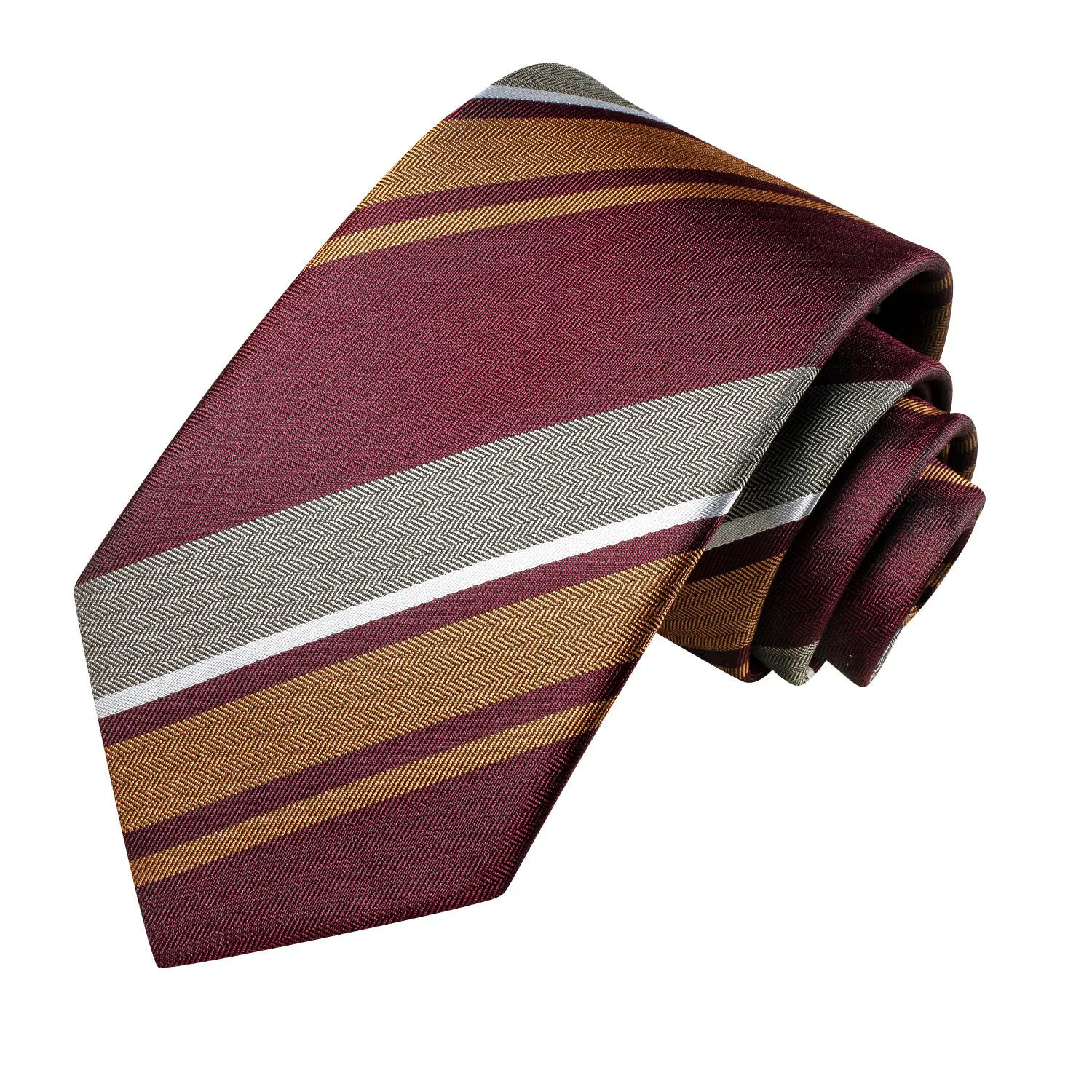 Hi-Tie Burgundy Tie Golden Ivory Silk Tie Pocket Square Cufflinks Set