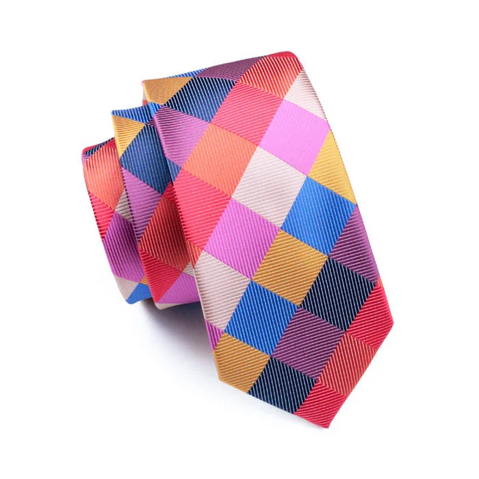 Hi-Tie Checkered Necktie Red Blue Plaid Tie Pocket Square Cufflinks Set