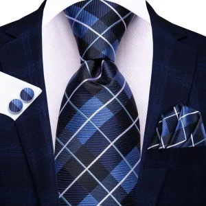 Hi-Tie Dark Blue Necktie Checkered Business Tie Hanky Cufflinks Set