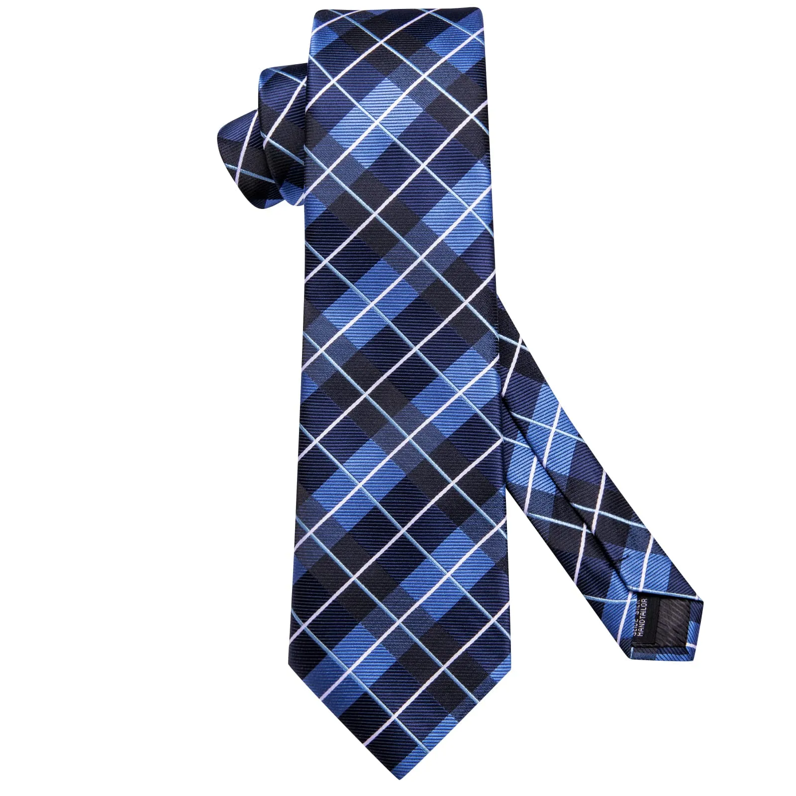 Hi-Tie Dark Blue Necktie Checkered Business Tie Hanky Cufflinks Set