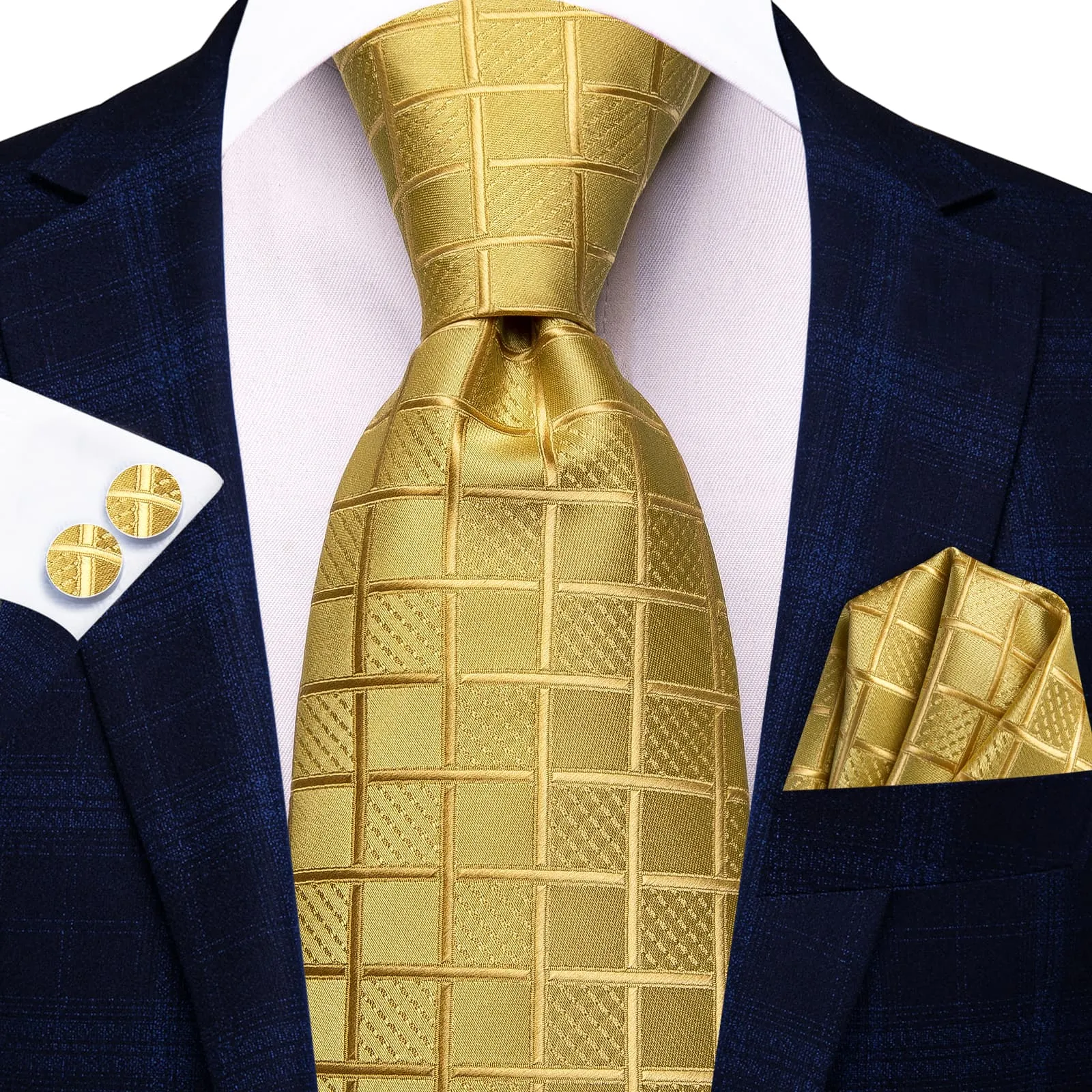 Hi-Tie Gold Yellow Checkered Mens Necktie Handkerchief Cufflinks Set