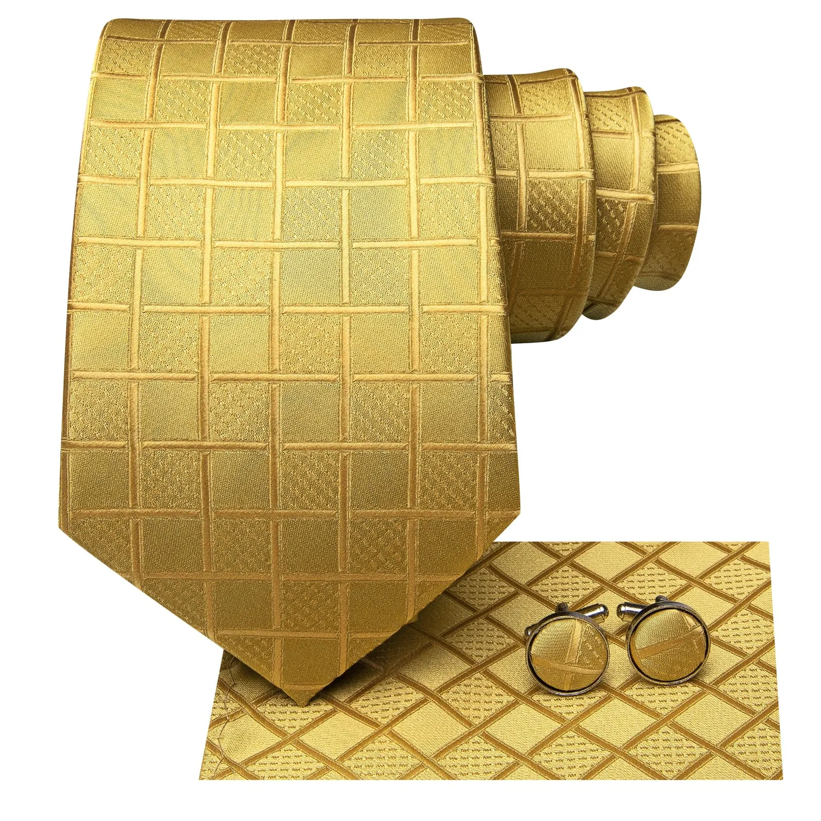 Hi-Tie Gold Yellow Checkered Mens Necktie Handkerchief Cufflinks Set