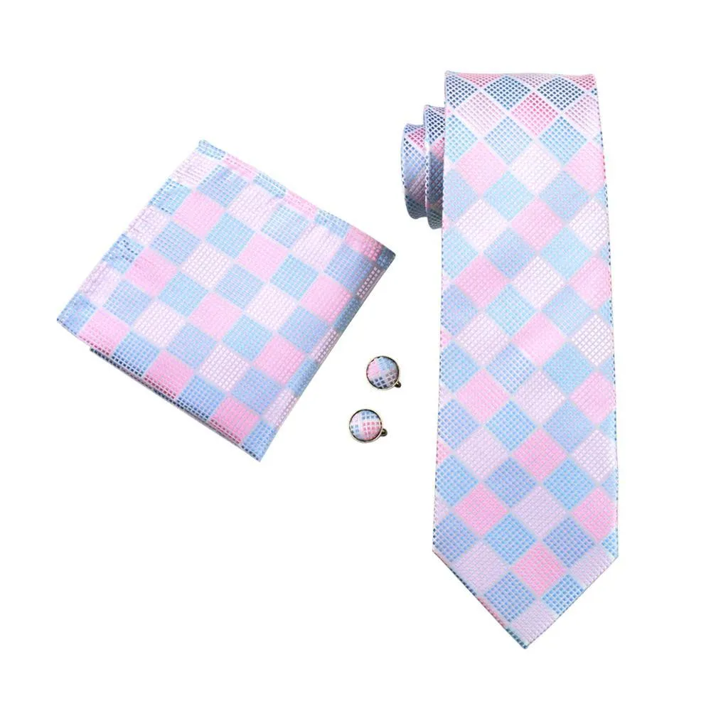 Hi-Tie Light Blue Pink Checkered Plaid Tie Pocket Square Cufflinks Set