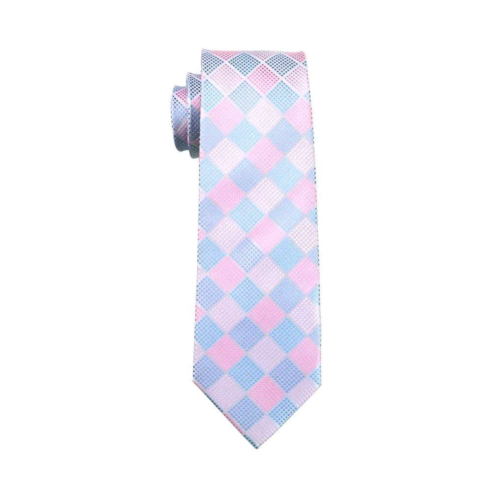 Hi-Tie Light Blue Pink Checkered Plaid Tie Pocket Square Cufflinks Set