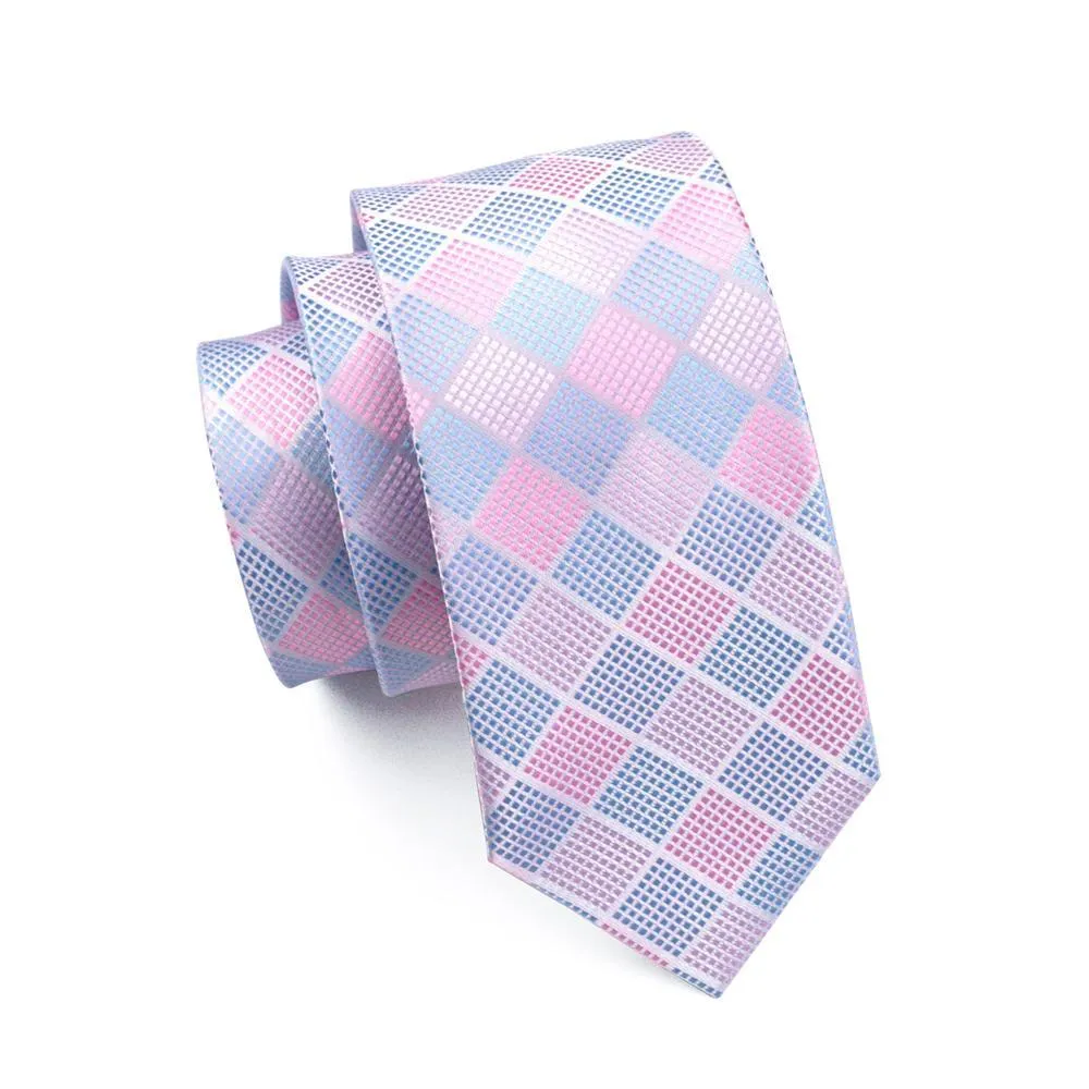 Hi-Tie Light Blue Pink Checkered Plaid Tie Pocket Square Cufflinks Set