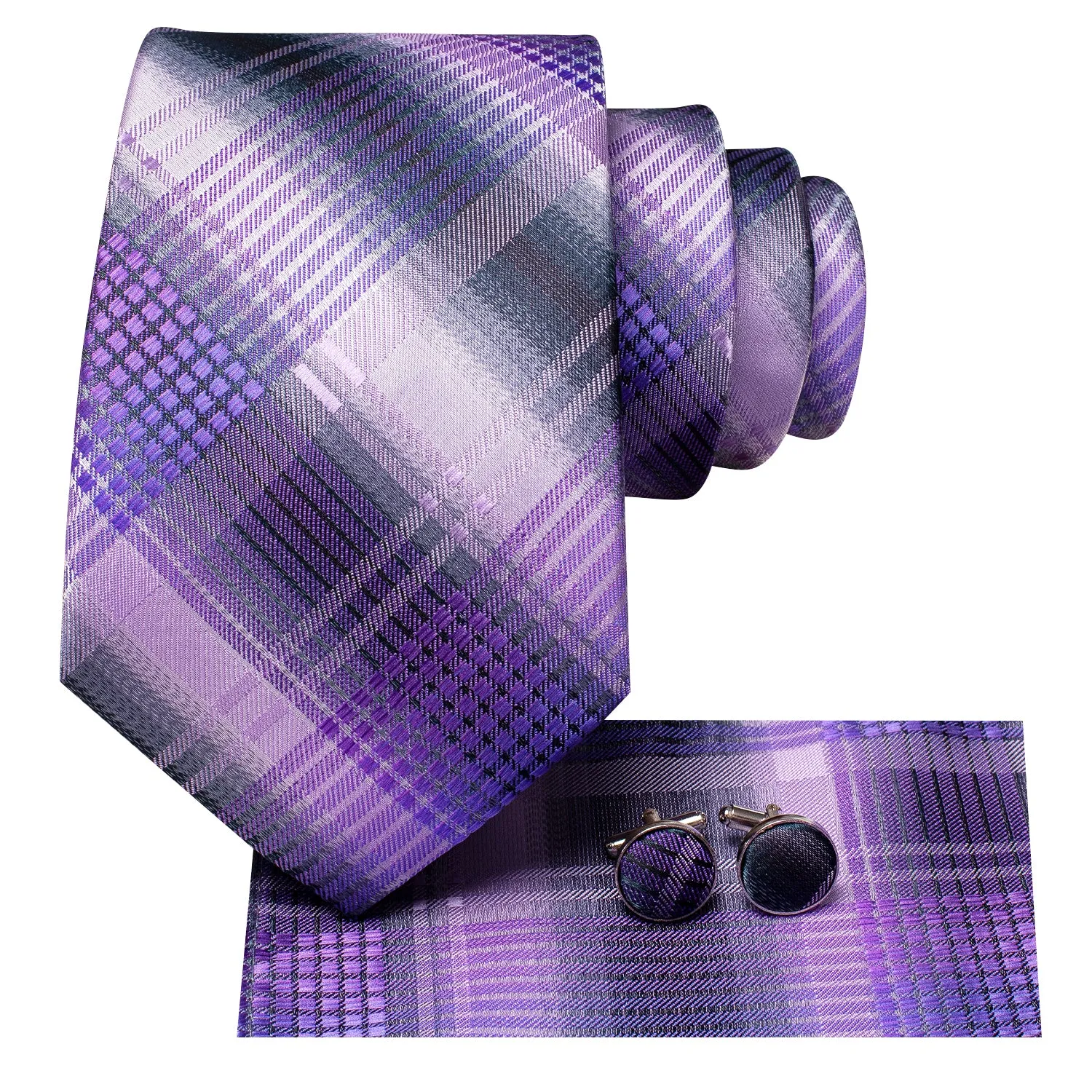 Hi-Tie Light Purple Checkered Striped Tie Pocket Square Cufflinks Set