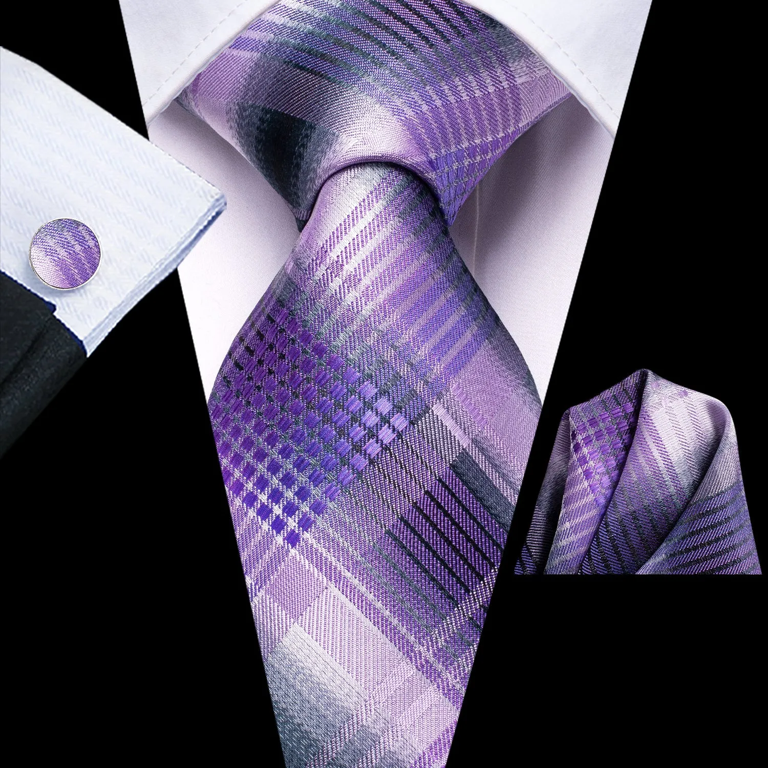 Hi-Tie Light Purple Checkered Striped Tie Pocket Square Cufflinks Set