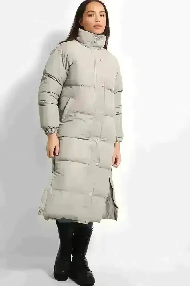 High Neck Quilted Opening Sides Midi Puffer Parker Jacket