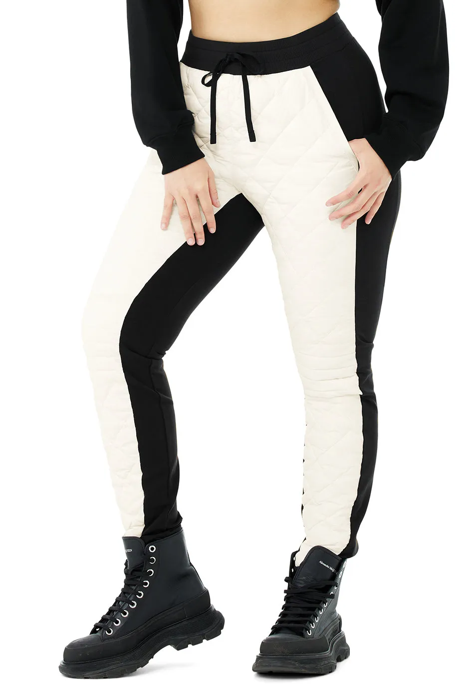 High-Waist Moto Puffer Pant - Black/Ivory