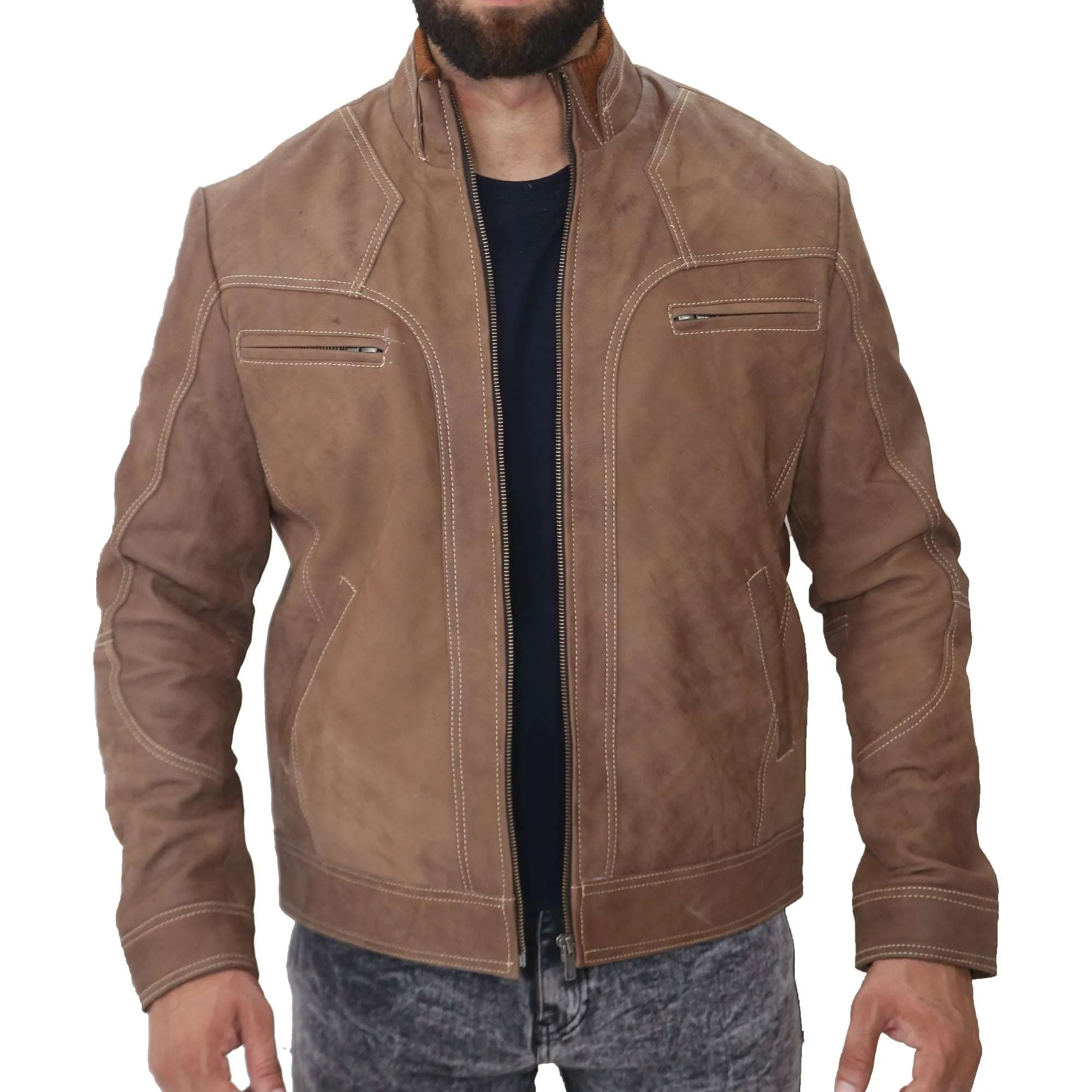 J9 Distressed Double collar Real Leather Jacket