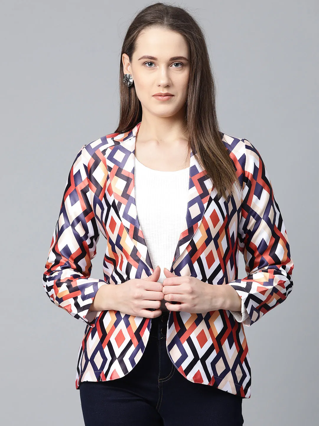 Jashvi Women Multi-Coloured Satin Finish Printed Single-Breasted Blazer