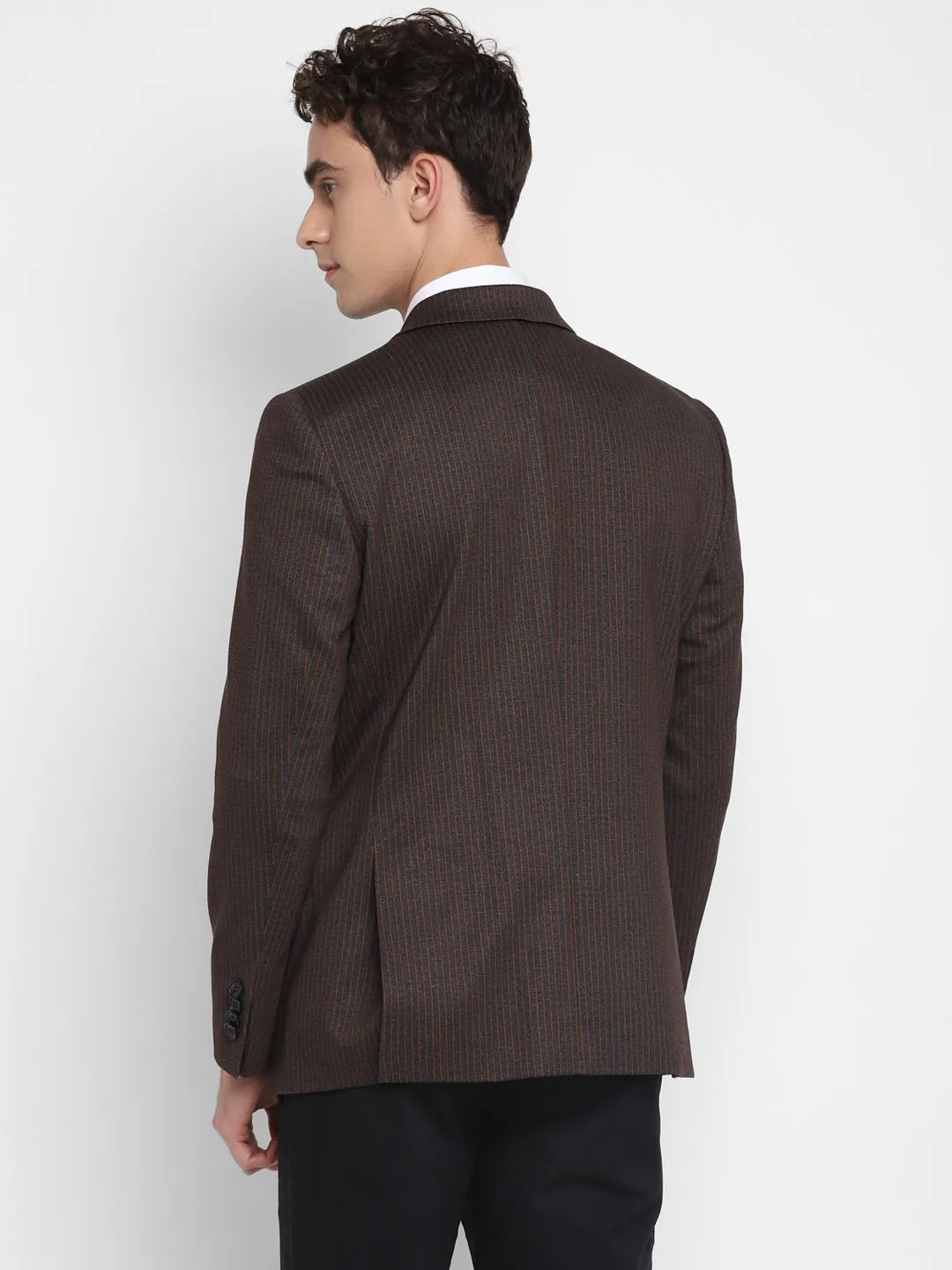 Knitted Brown Striped Regular Fit Full Sleeve Casual Blazer