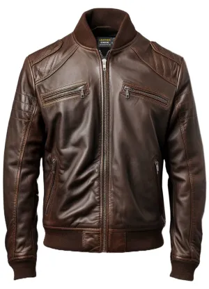 Men Dark Brown Leather Bomber Jacket - Brown Bomber Leather Jacket