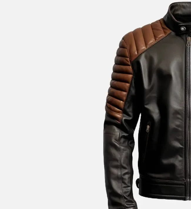 Men's Brown Black Cafe Racer Leather Jacket