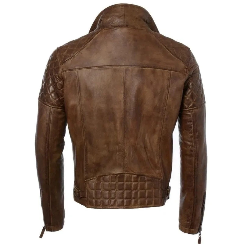 Men's Distressed Brown Quilted Motorbike Leather Jacket