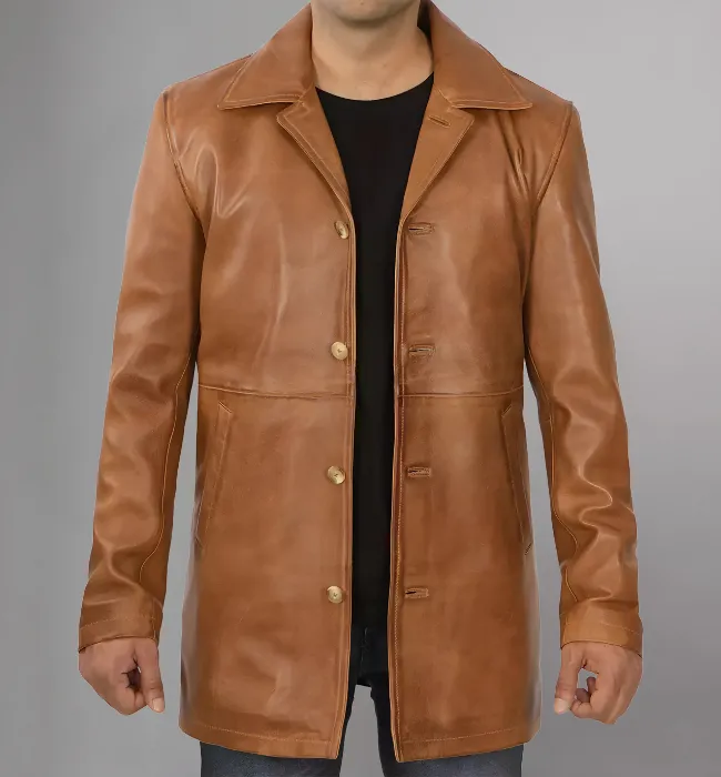 Mens Distressed Camel 3/4 Length Leather Coat