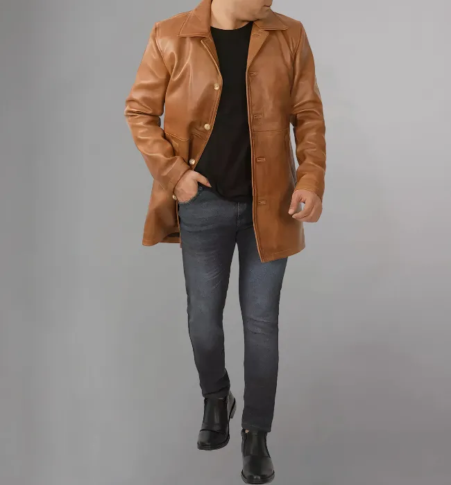 Mens Distressed Camel 3/4 Length Leather Coat