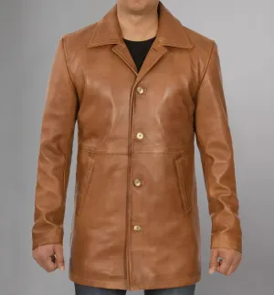 Mens Distressed Camel 3/4 Length Leather Coat