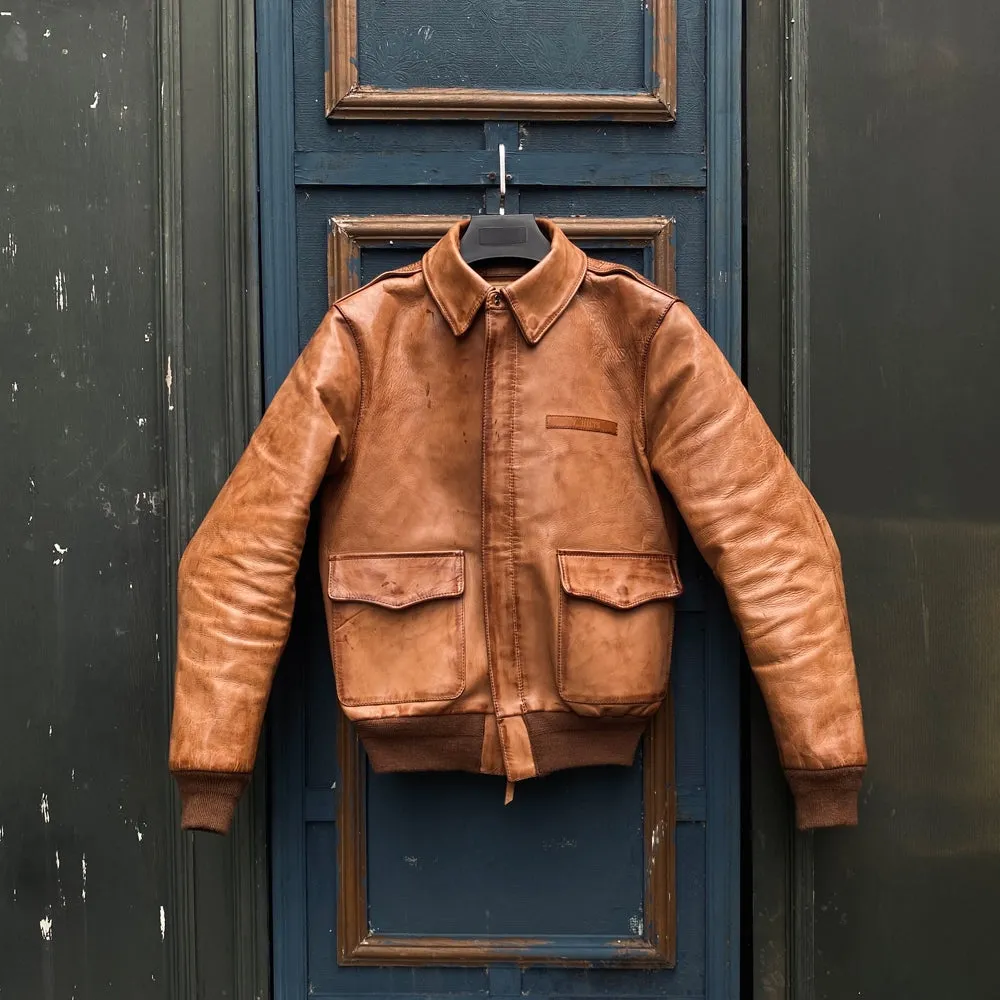 Men's Distressed Type A-2 Leather Jacket Tan