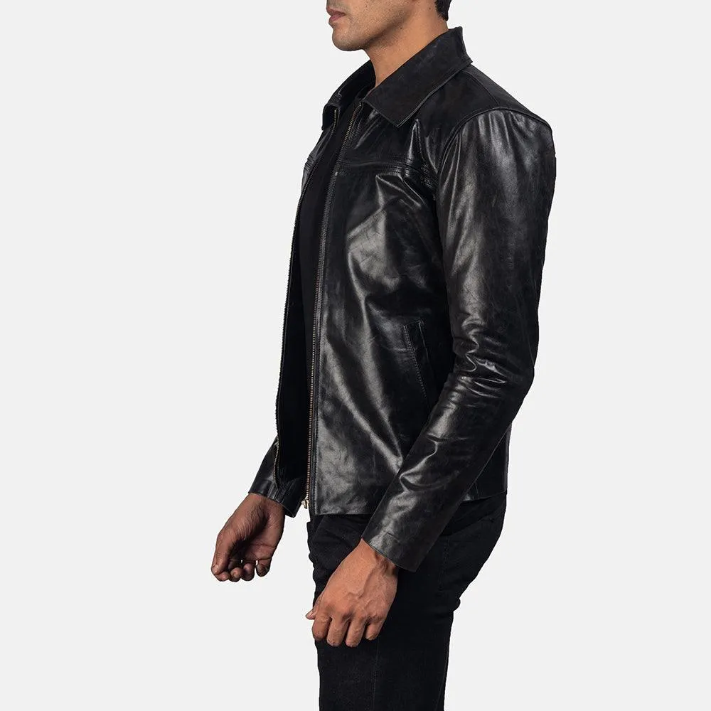 Mens Jet Black Leather Aviatot Jacket