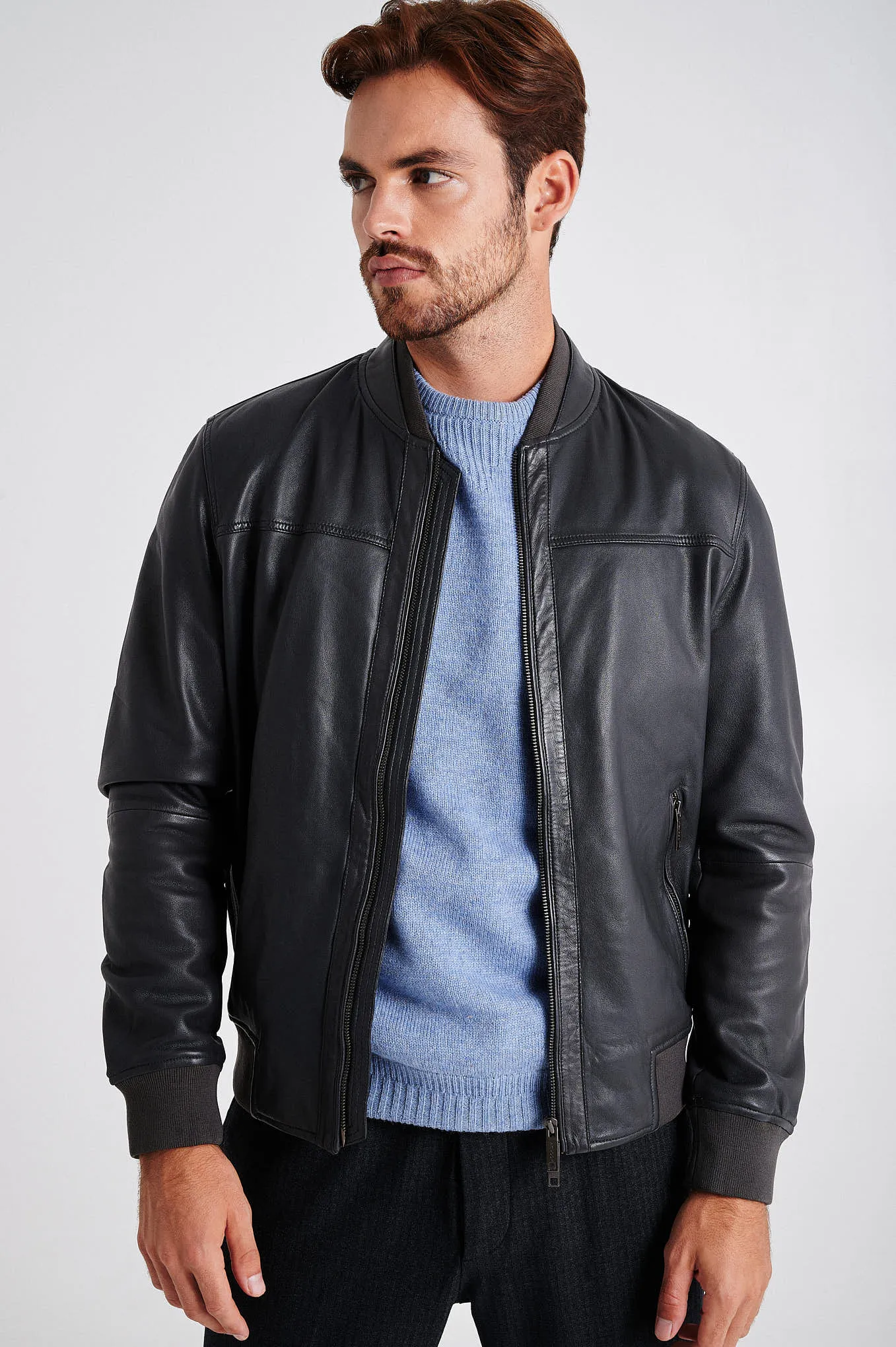 Men's nappa bomber jacket with double collar