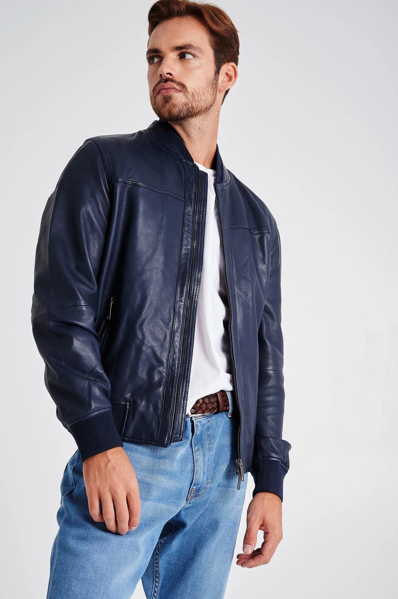 Men's nappa bomber jacket with double collar