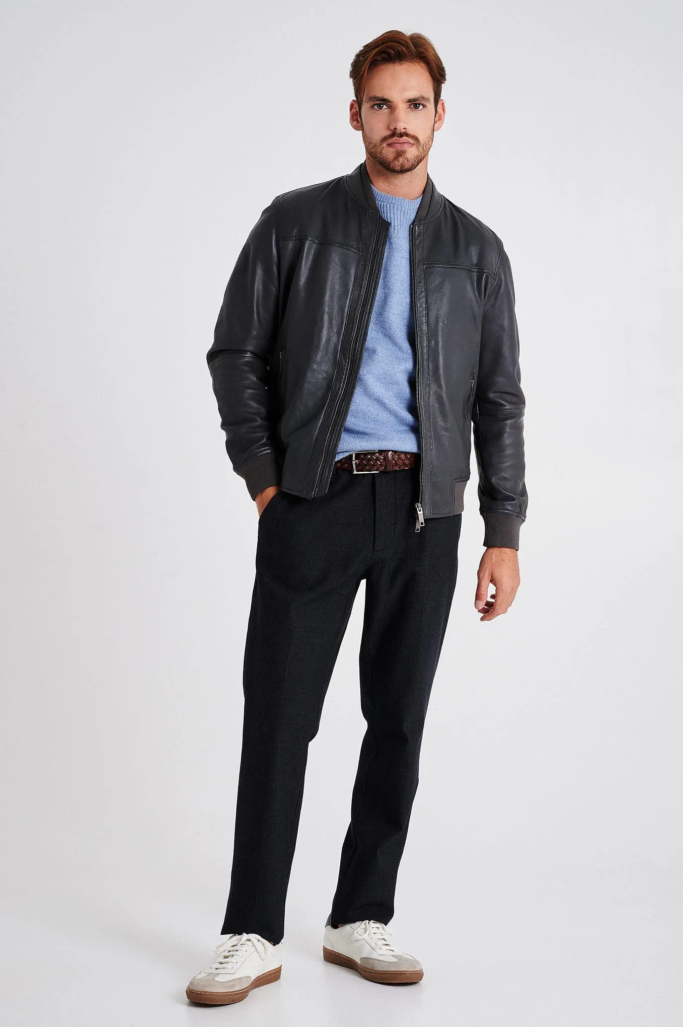 Men's nappa bomber jacket with double collar