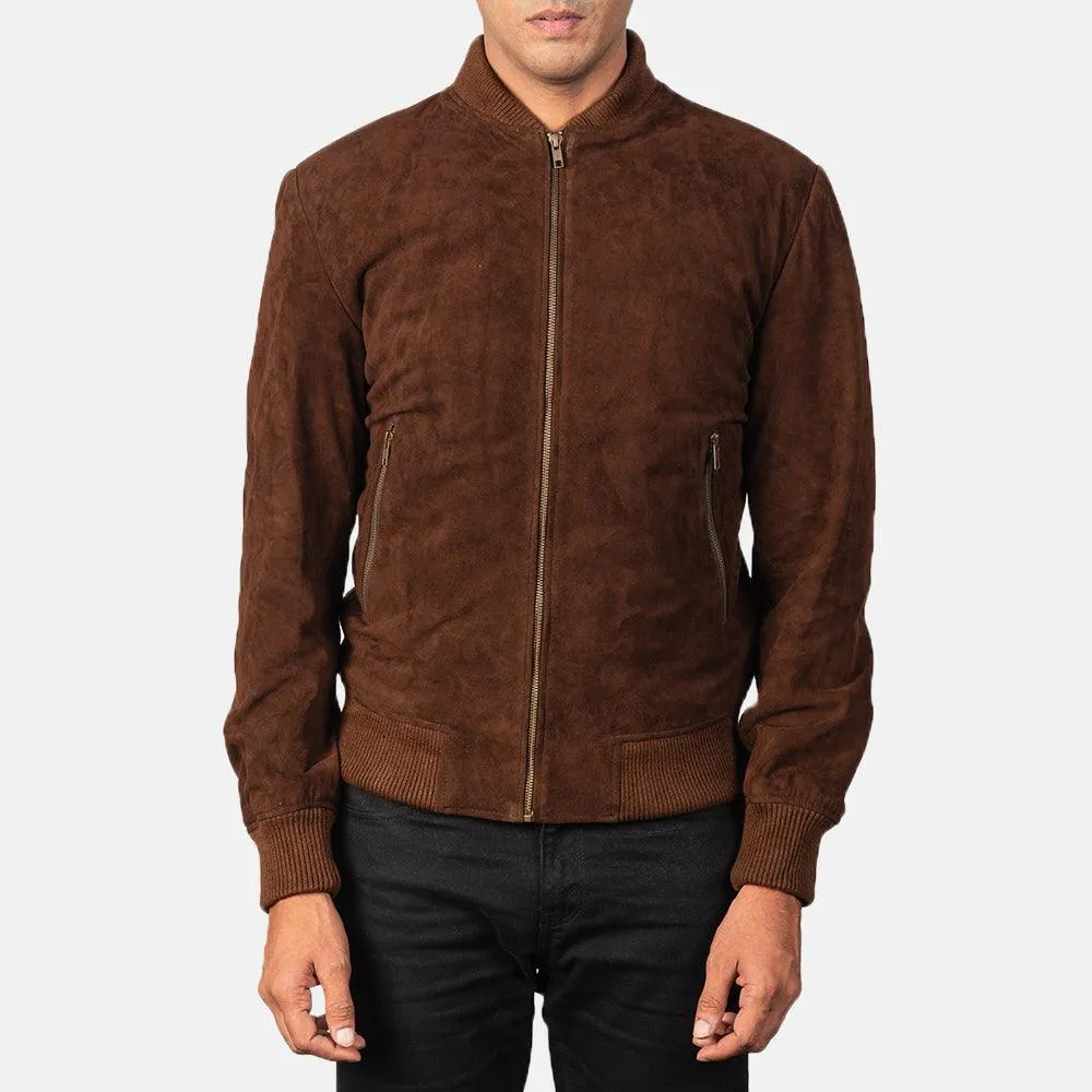 Mens Shane Mocha Suede Bomber Jacket