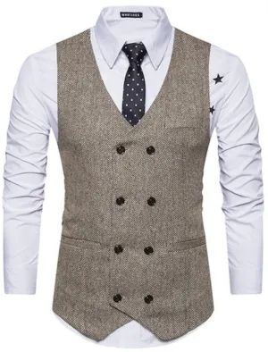 Men's Solid Color Vest Double Breasted V Neck Business Casual Tweed Waistcoat