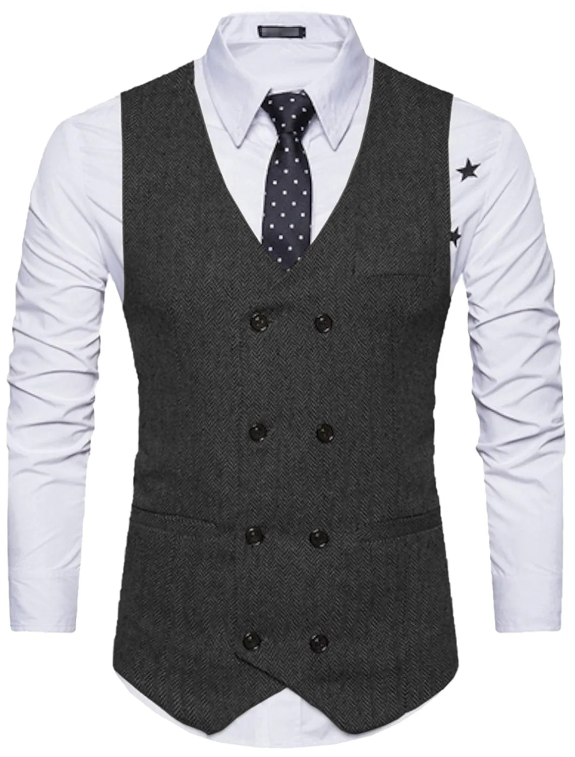 Men's Solid Color Vest Double Breasted V Neck Business Casual Tweed Waistcoat