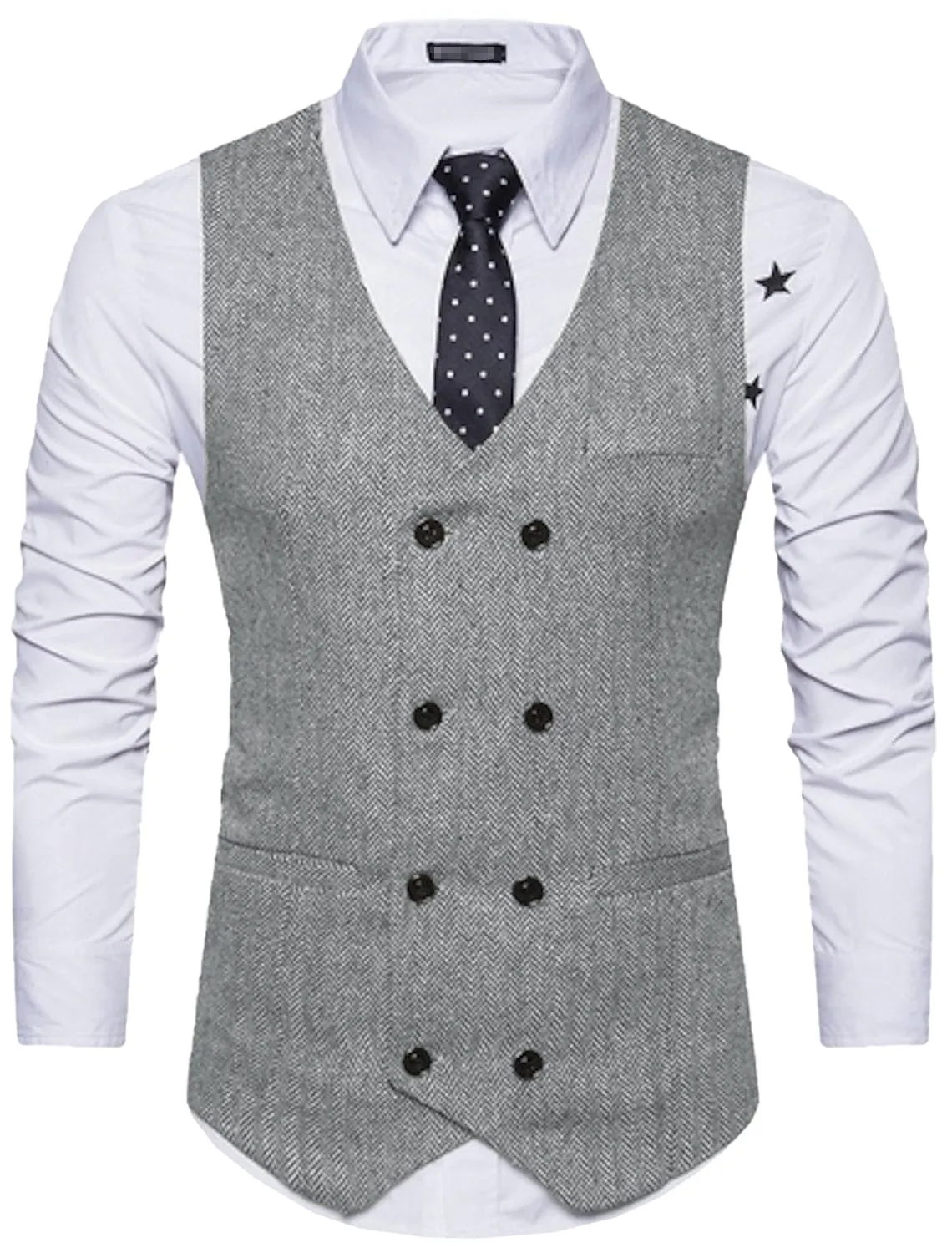 Men's Solid Color Vest Double Breasted V Neck Business Casual Tweed Waistcoat