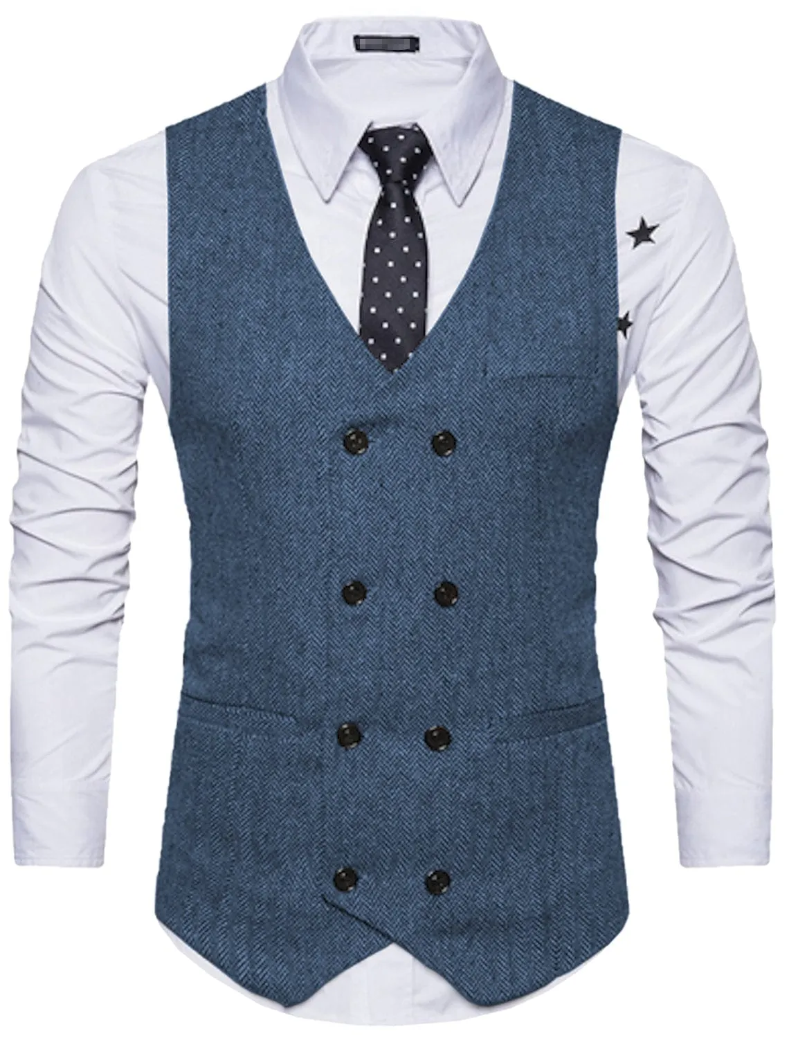 Men's Solid Color Vest Double Breasted V Neck Business Casual Tweed Waistcoat