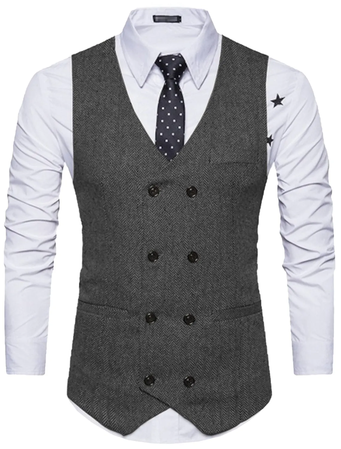 Men's Solid Color Vest Double Breasted V Neck Business Casual Tweed Waistcoat