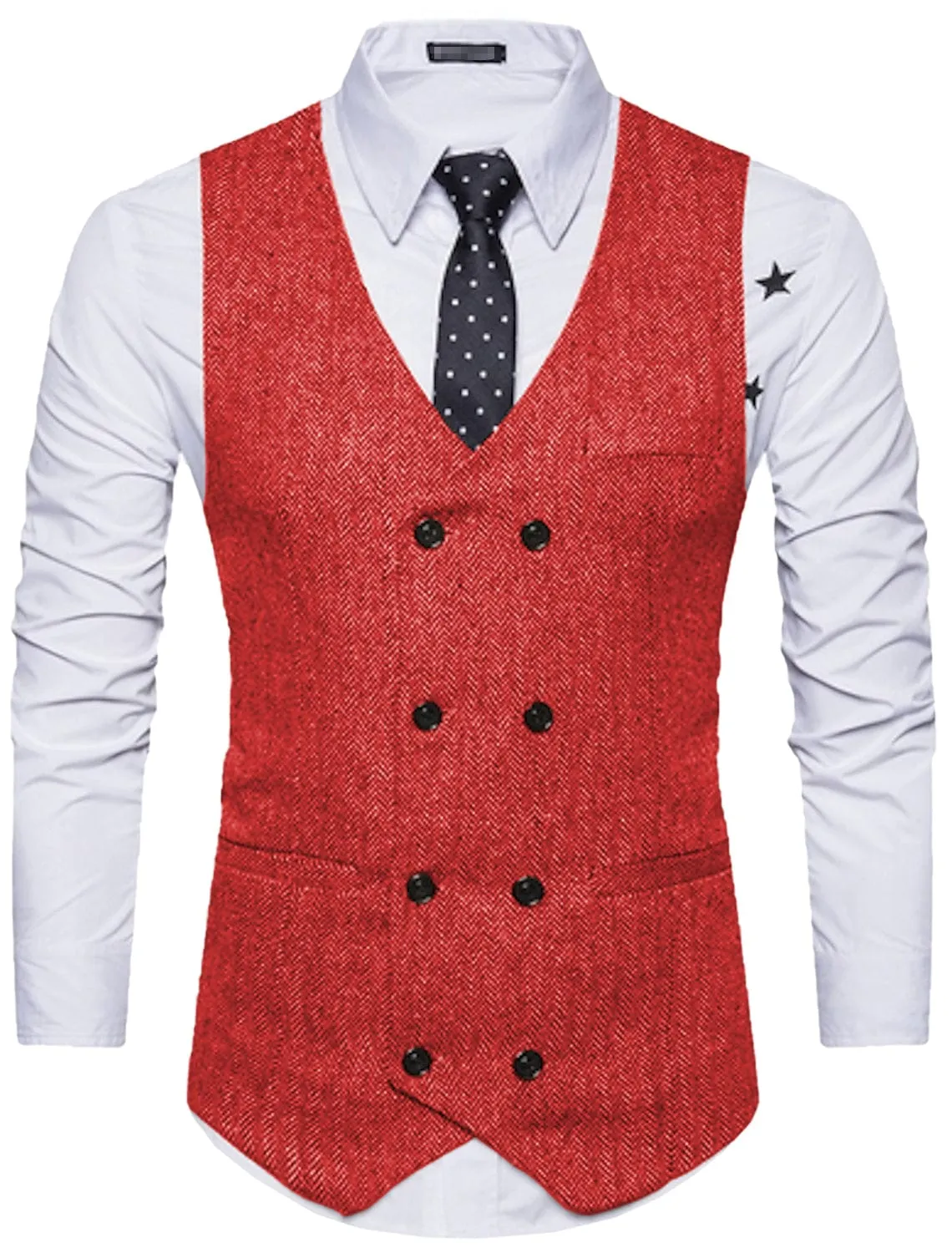 Men's Solid Color Vest Double Breasted V Neck Business Casual Tweed Waistcoat