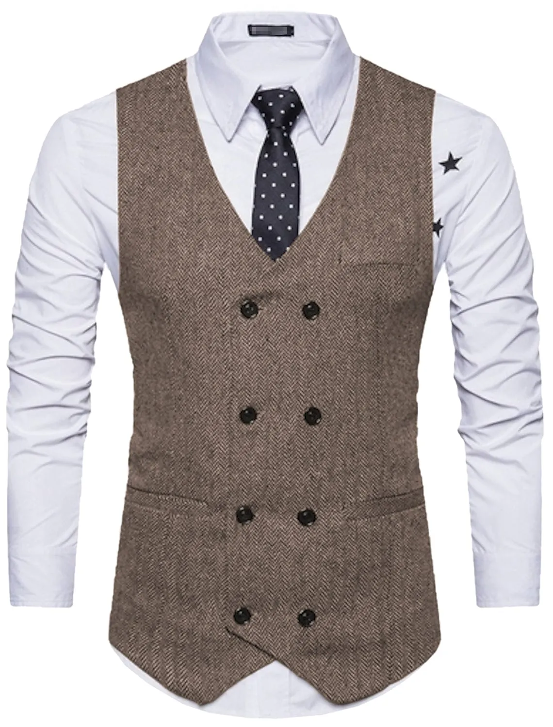 Men's Solid Color Vest Double Breasted V Neck Business Casual Tweed Waistcoat