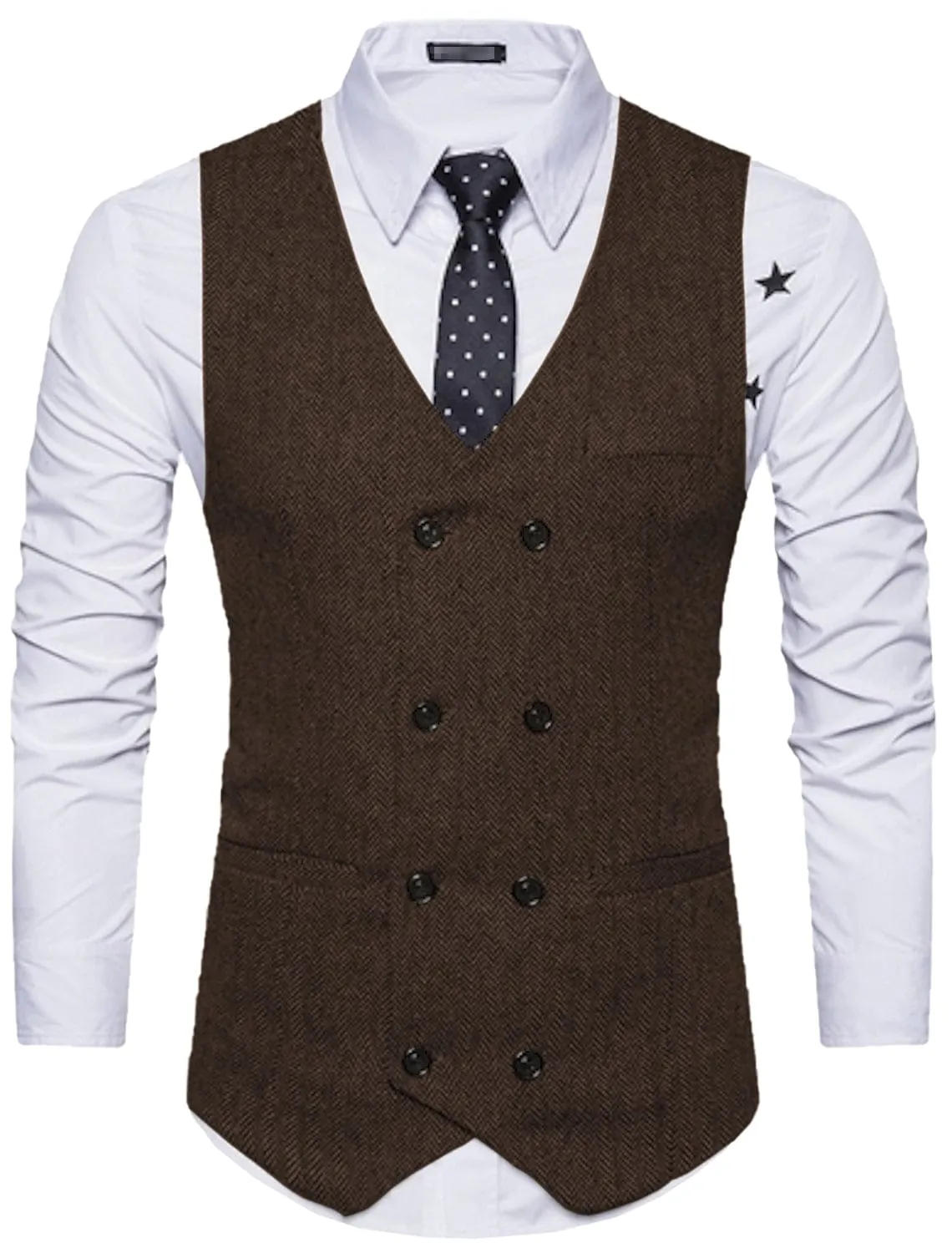 Men's Solid Color Vest Double Breasted V Neck Business Casual Tweed Waistcoat