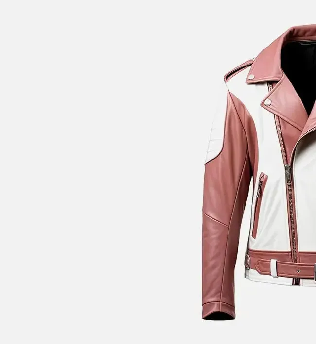 Men's White and Rosy Brown Biker Leather Jacket