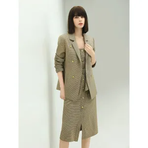 Modern Double Breasted Beige Checkered Blazer