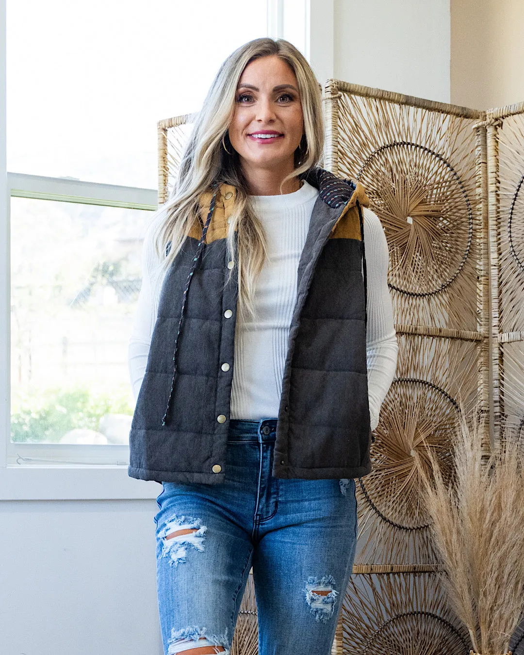 NEW! Joey Color Block Puffer Vest - Charcoal & Dijon