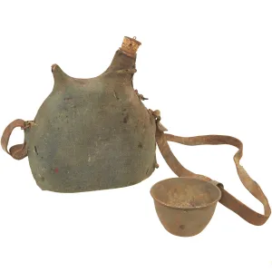 Original French WWI Model 1877 Canteen in Horizon Blue with Shoulder Strap and Cup - Bidon