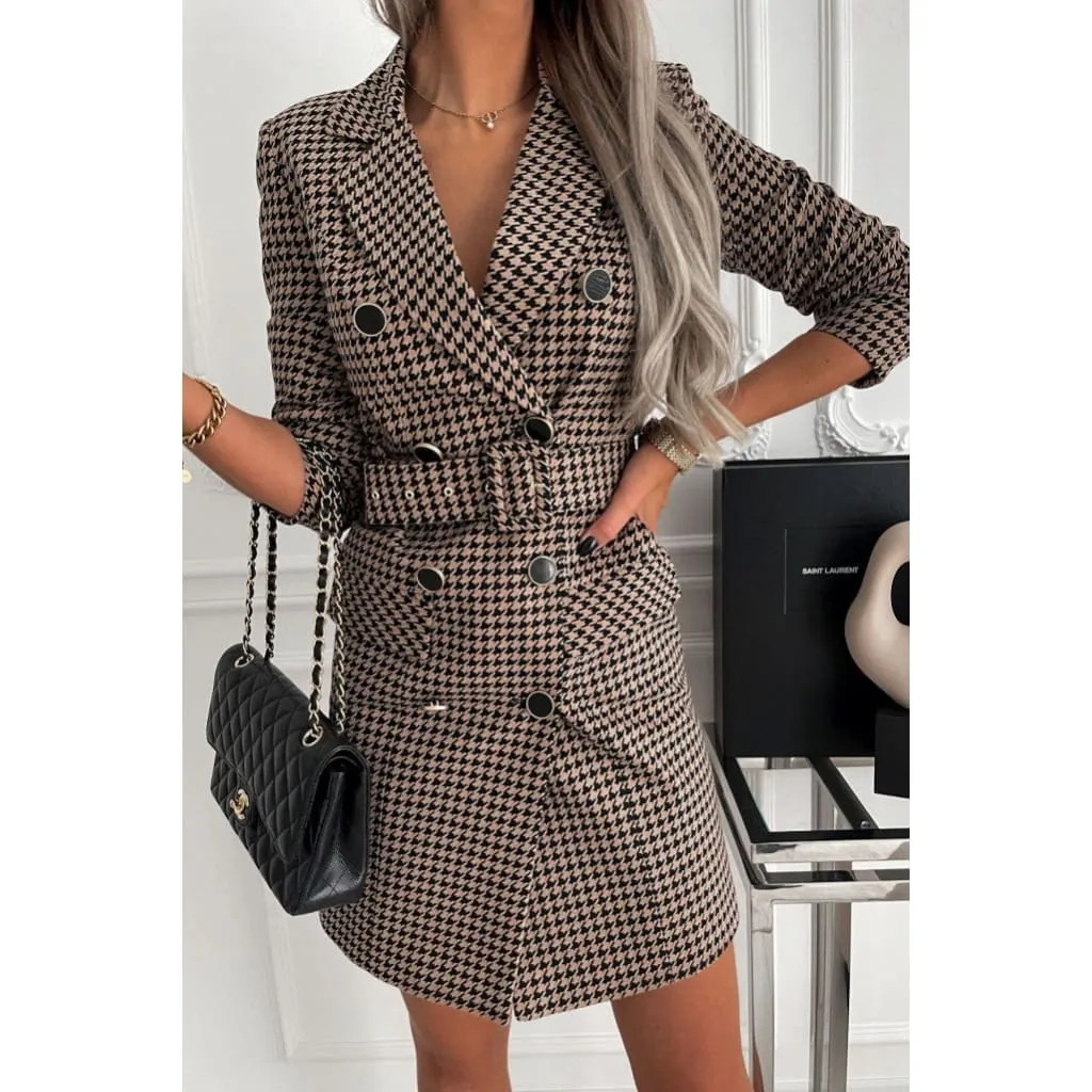 Plaid Print Double Breasted Long Sleeve Belted Blazer Dress