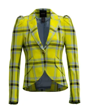 Pouf Sleeve One Button Blazer Lemon Plaid