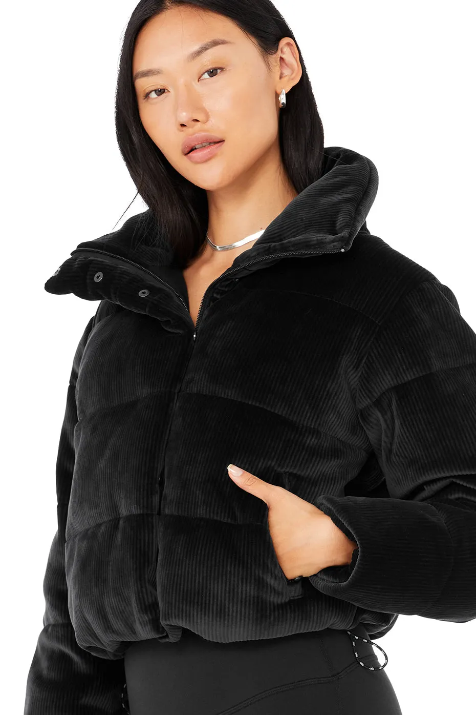 Ribbed Velour Gold Rush Puffer - Black