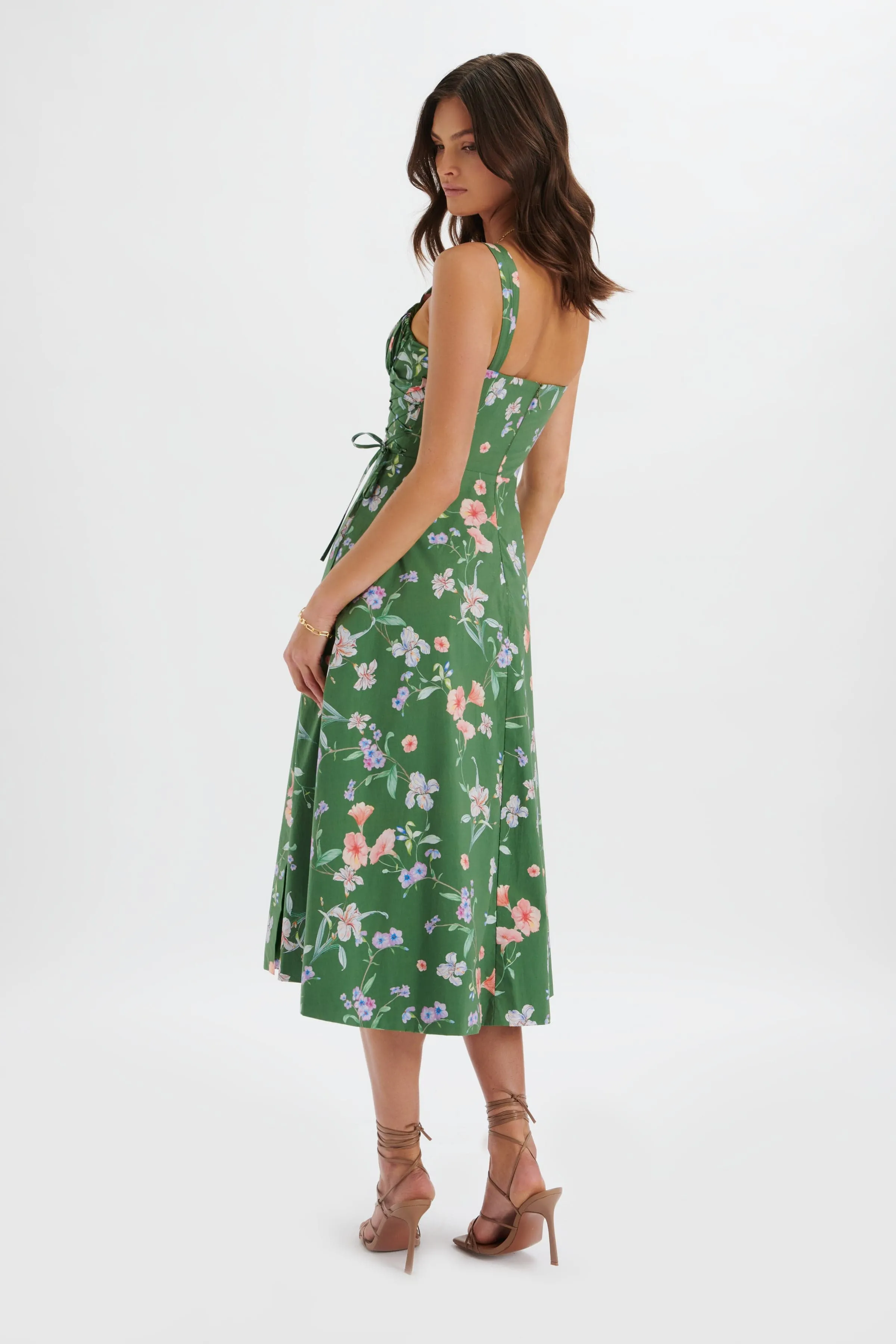 ROSEY Gathered Longline Dress in Green Floral Print