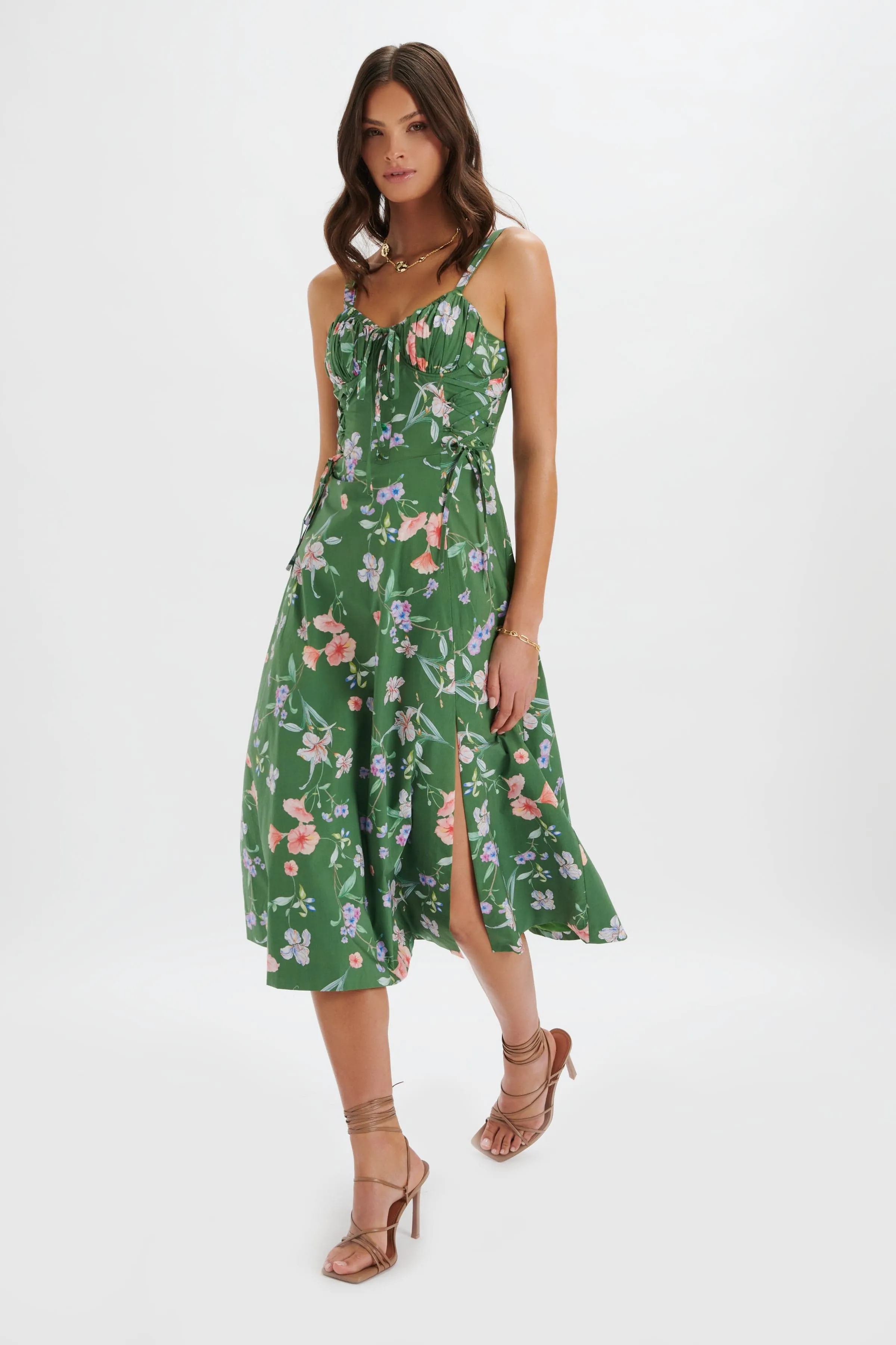 ROSEY Gathered Longline Dress in Green Floral Print