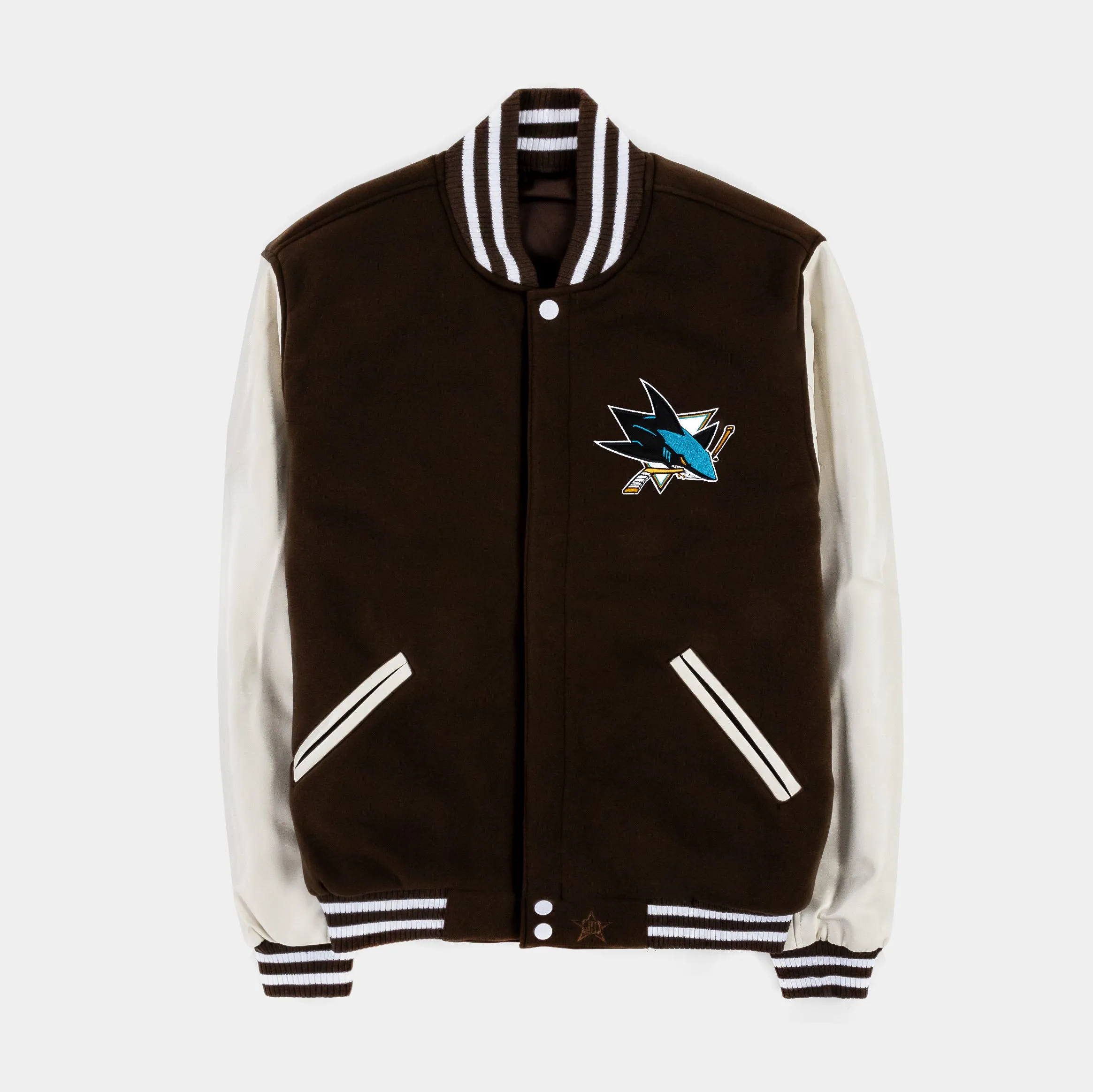 San Jose Sharks Reversible Letterman Mens Jacket (Brown/White)