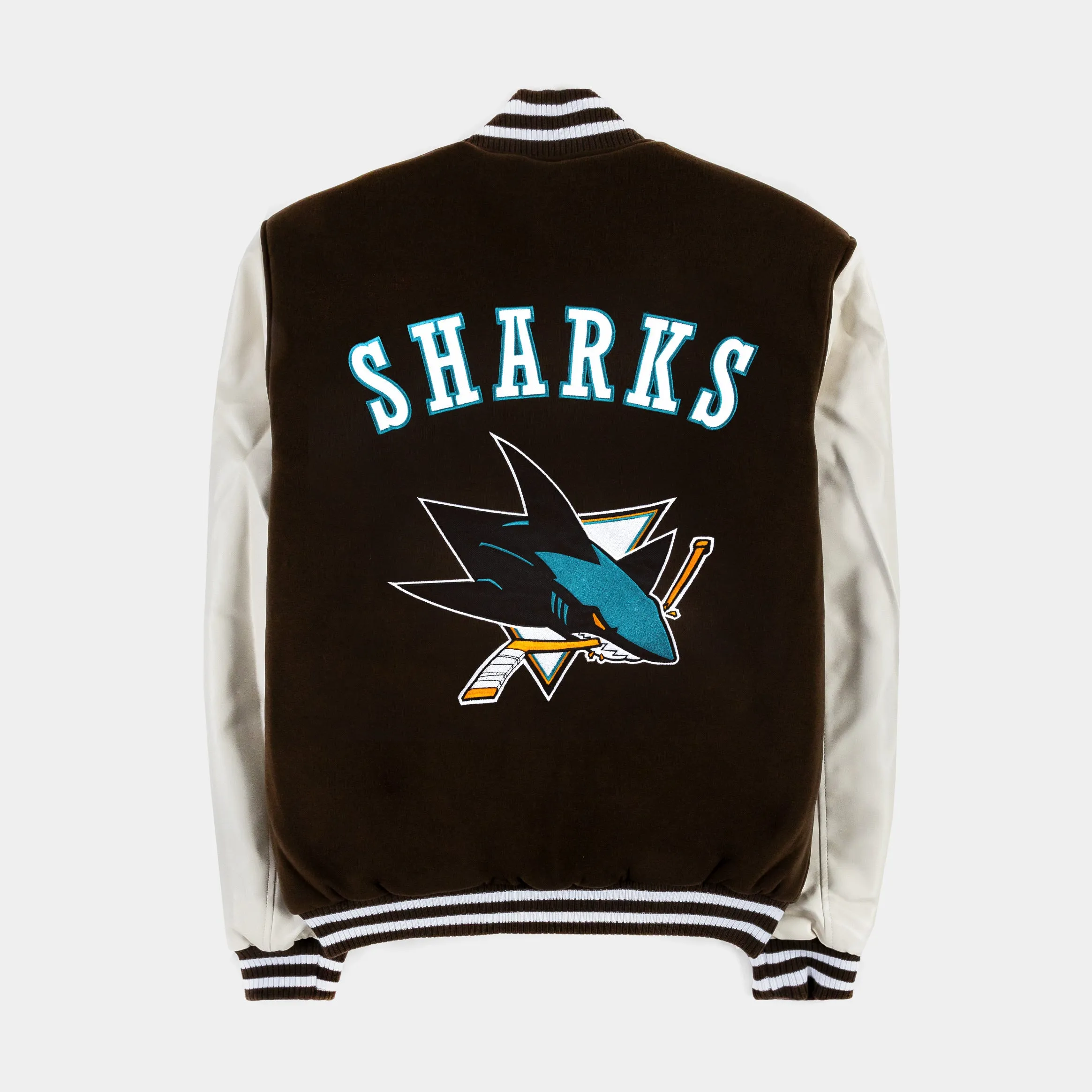 San Jose Sharks Reversible Letterman Mens Jacket (Brown/White)