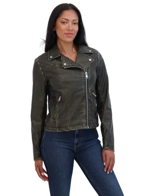 Sebby Collection Women's Distressed Faux Leather Biker Jacket