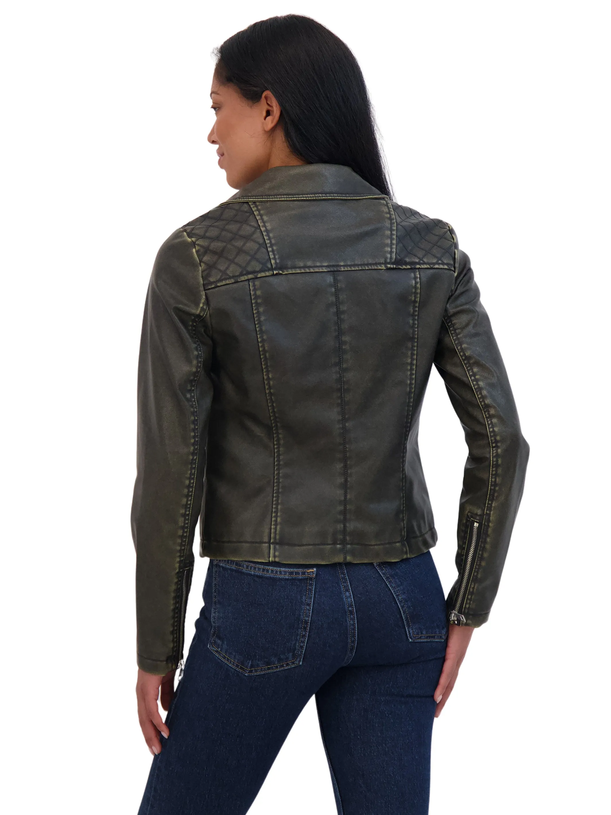 Sebby Collection Women's Distressed Faux Leather Biker Jacket